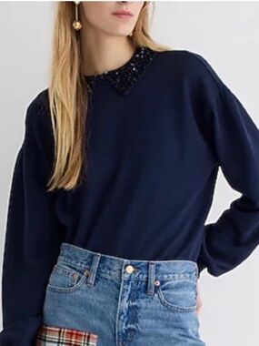 J. Crew Navy Beaded Collar Sweater